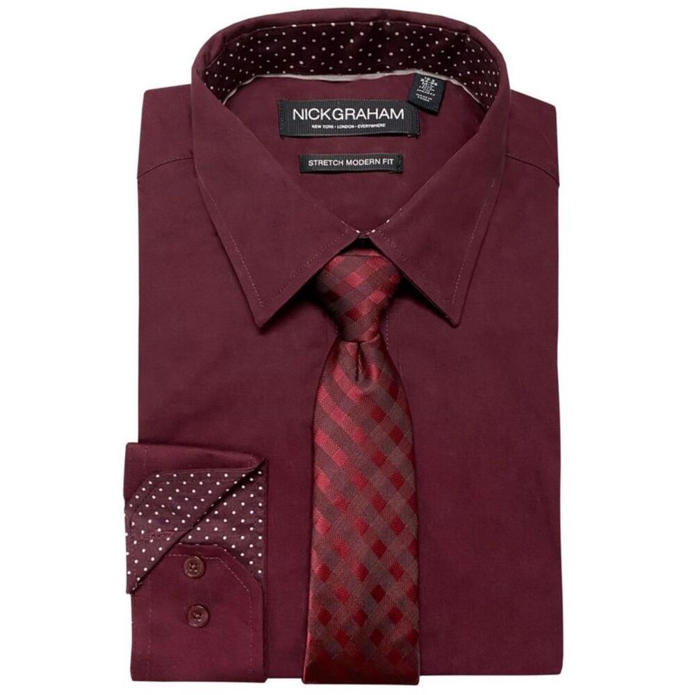 Nick Graham Mens Modern-Fit Stretch Button Down Dress Shirt, Red, 15-15.5 Nec...